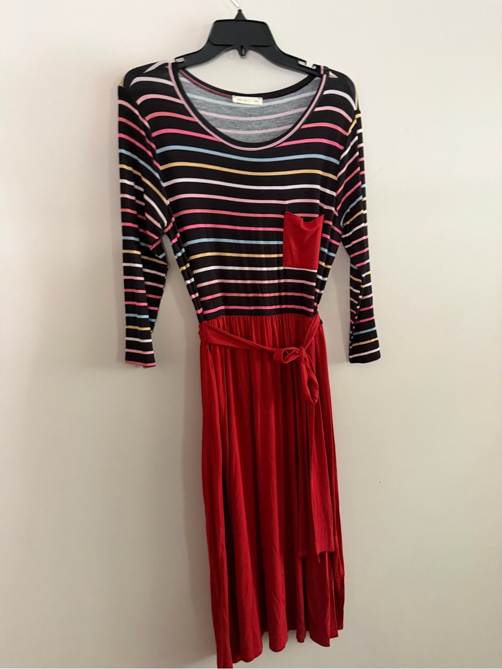 Reb in J Striped Black & Red Belted Midi Dress